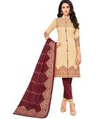 Women's Beige & Maroon Cotton Printed Unstitch Dress Material With Dupatta