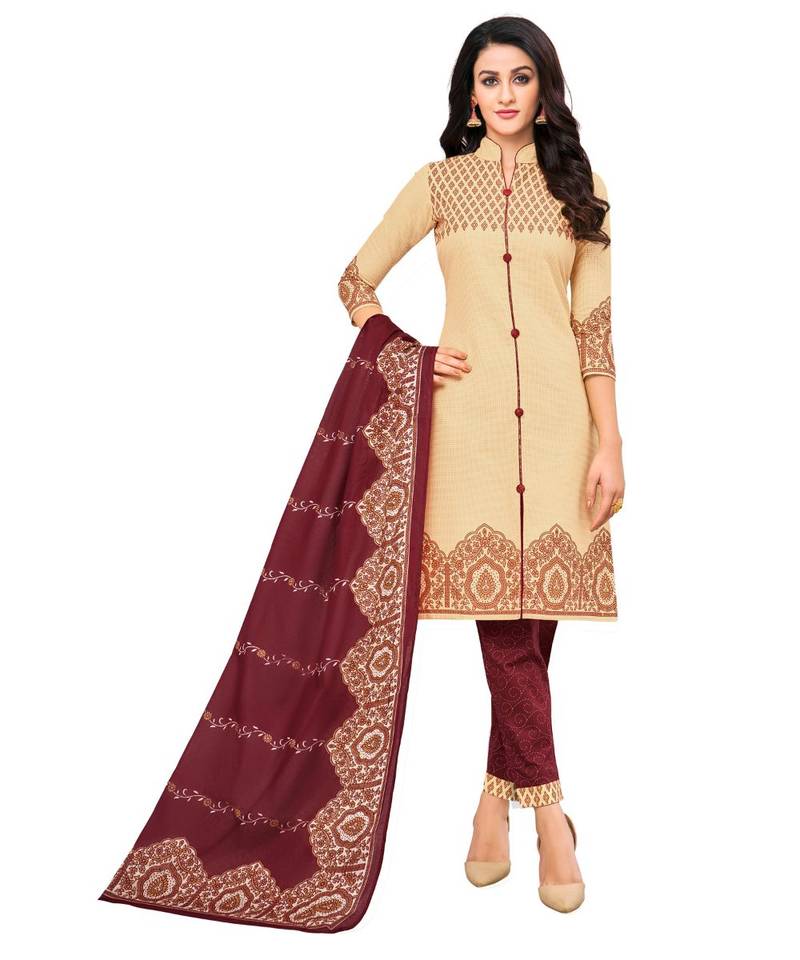 Women's Beige & Maroon Cotton Printed Unstitch Dress Material With Dupatta