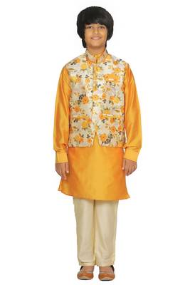 Yellow plain cotton silk boys-kurta-pyjama 1