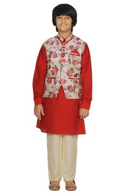 Red plain cotton silk boys-kurta-pyjama 1