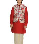 Red plain cotton silk boys-kurta-pyjama