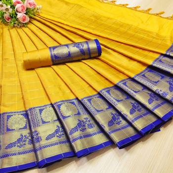 Yellow woven banarasi saree with blouse 1