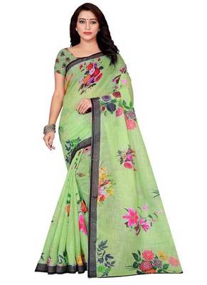 Light Green Printed Linen Saree With Blouse 1