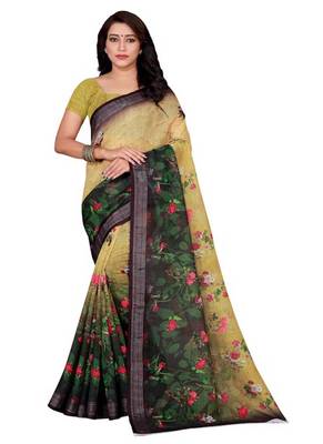 Chiku Printed Linen Saree With Blouse 1