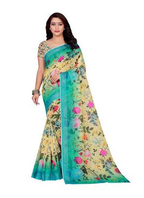 Aqua Blue Printed Linen Saree With Blouse 1