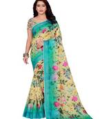 Aqua Blue Printed Linen Saree With Blouse