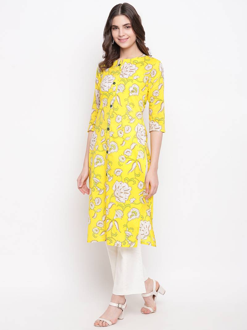 Yellow printed cotton kurti