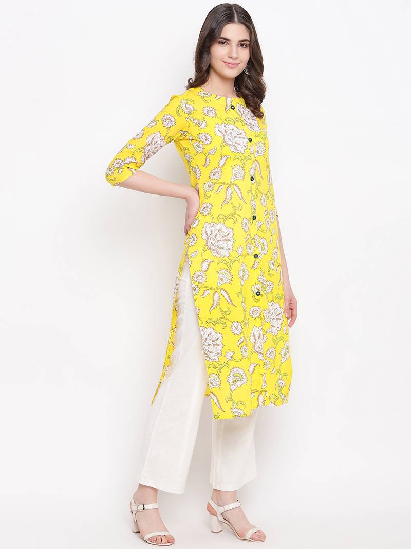 Yellow printed cotton kurti
