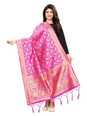 Pink Poly Silk Banarasi Womens Dupatta 1
