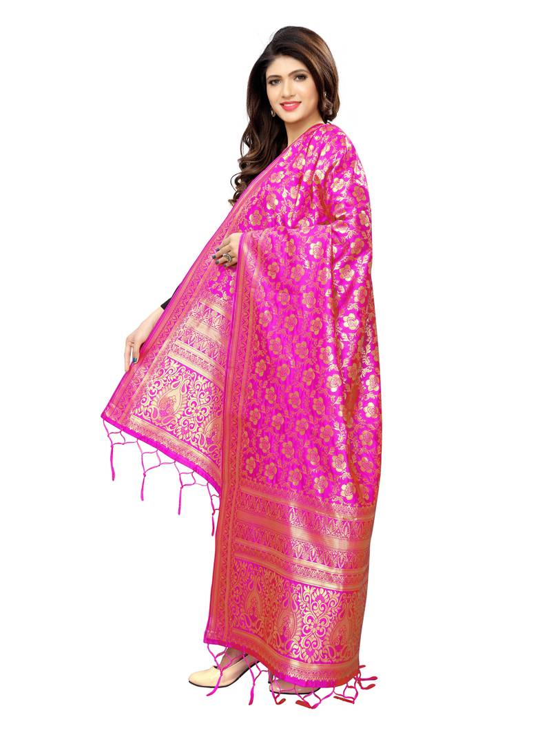 Pink Poly Silk Banarasi Womens Dupatta
