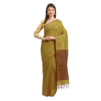 Mustarnd & Brown Woven And Tassels Silk Blend Saree With Blouse 1