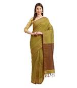 Mustarnd & Brown Woven And Tassels Silk Blend Saree With Blouse