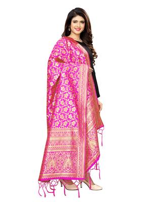 Pink Poly Silk Banarasi Womens Dupatta 3