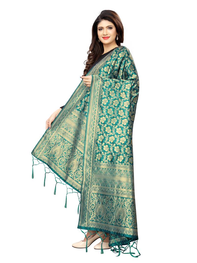 Turquoise Poly Silk Banarasi Womens Dupatta