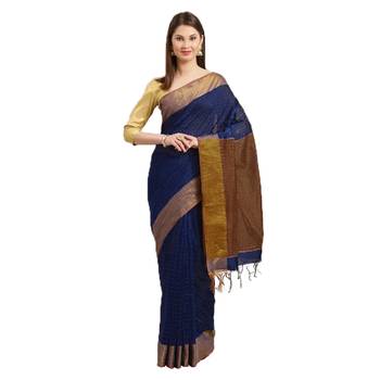Navy Blue & Brown Woven And Tassels Silk Blend Saree With Blouse 1
