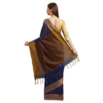 Navy Blue & Brown Woven And Tassels Silk Blend Saree With Blouse 2