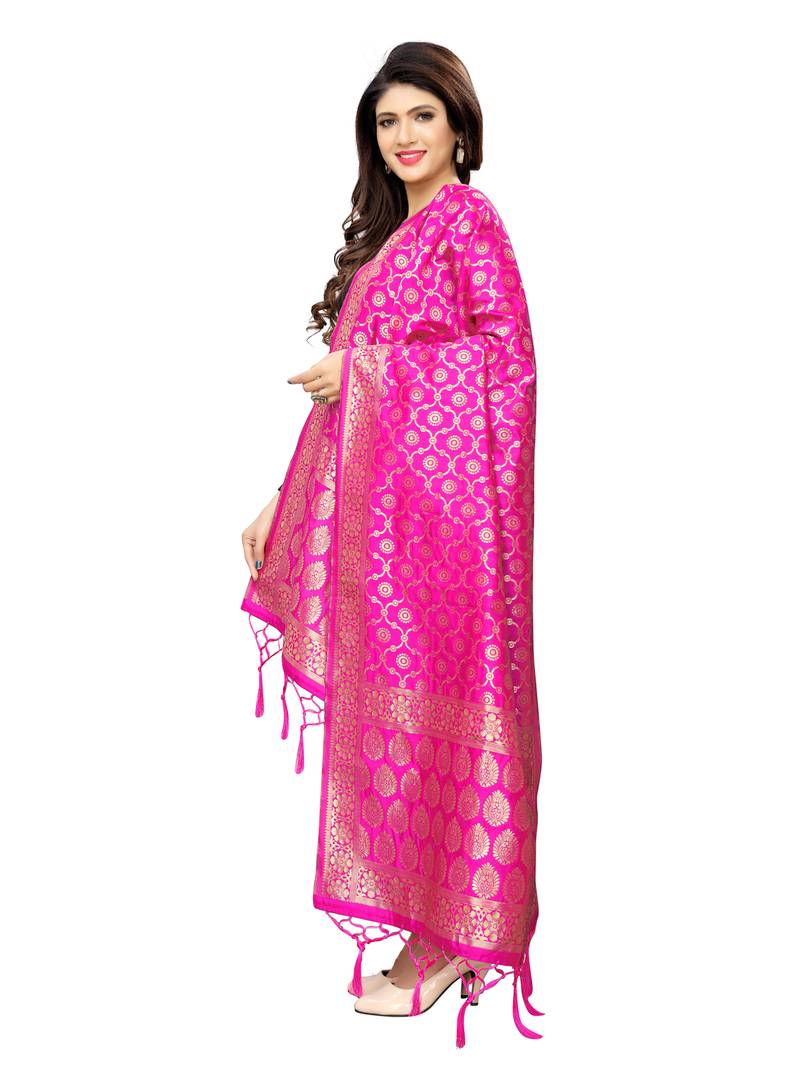 Pink Poly Silk Banarasi Womens Dupatta