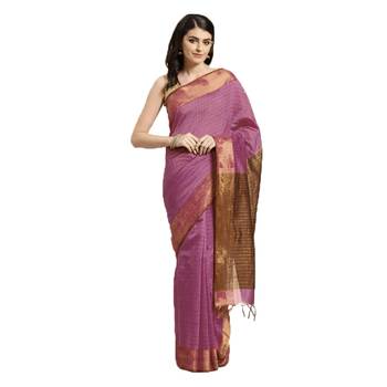 Pink & Brown Woven And Tassels Silk Blend Saree With Blouse 1