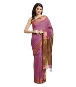 Pink & Brown Woven And Tassels Silk Blend Saree With Blouse