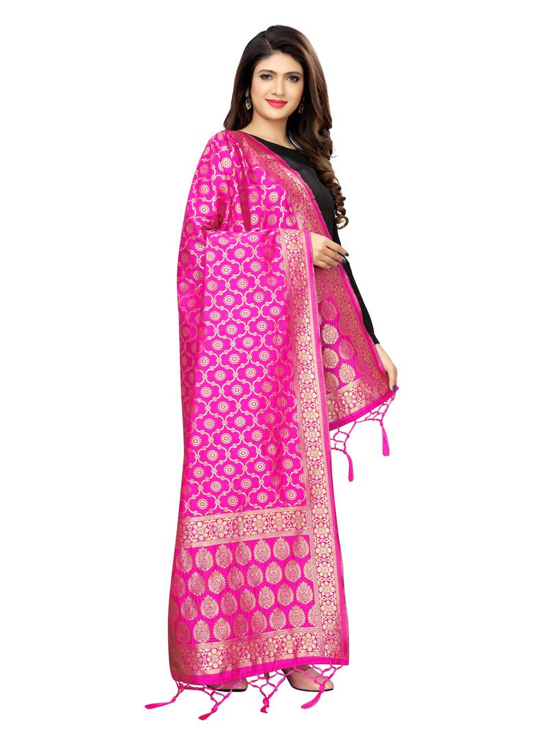 Pink Poly Silk Banarasi Womens Dupatta