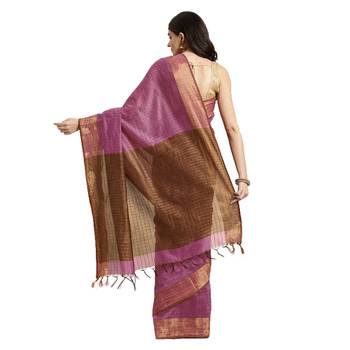 Pink & Brown Woven And Tassels Silk Blend Saree With Blouse 2