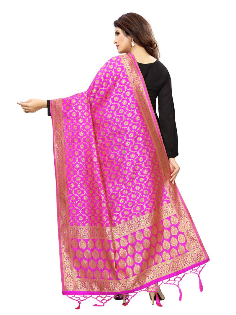 Pink Poly Silk Banarasi Womens Dupatta