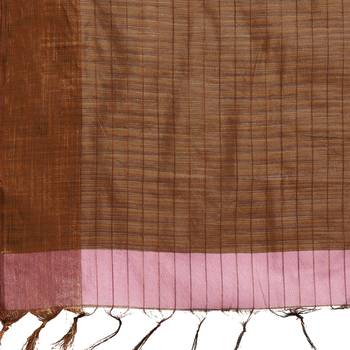 Pink & Brown Woven And Tassels Silk Blend Saree With Blouse 5