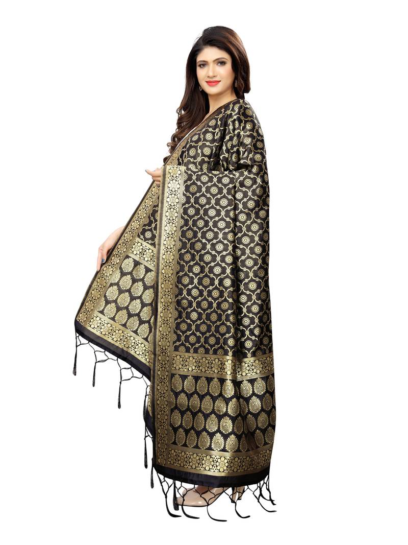 Black Poly Silk Banarasi Womens Dupatta