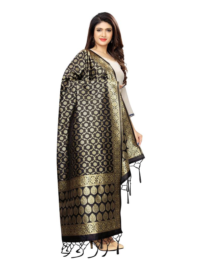 Black Poly Silk Banarasi Womens Dupatta