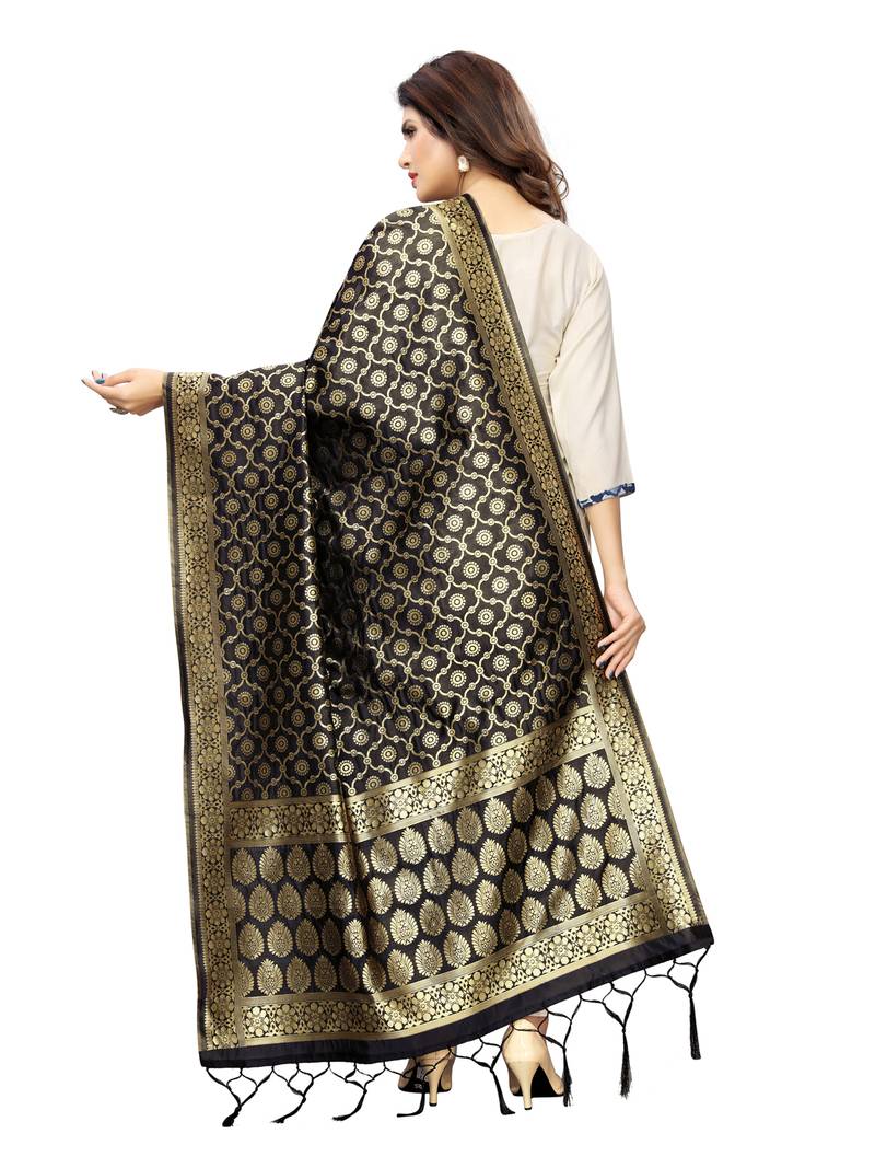 Black Poly Silk Banarasi Womens Dupatta