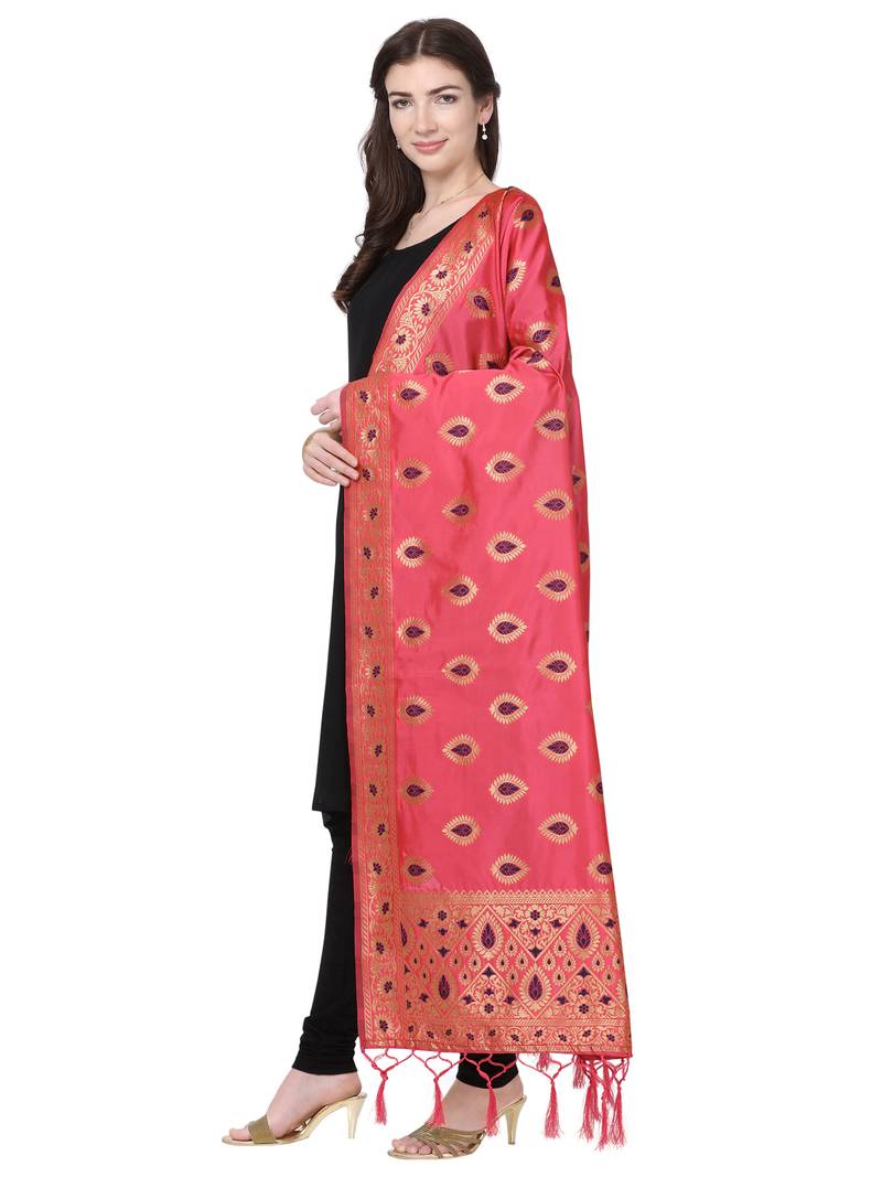 Peach Poly Silk Banarasi Womens Dupatta