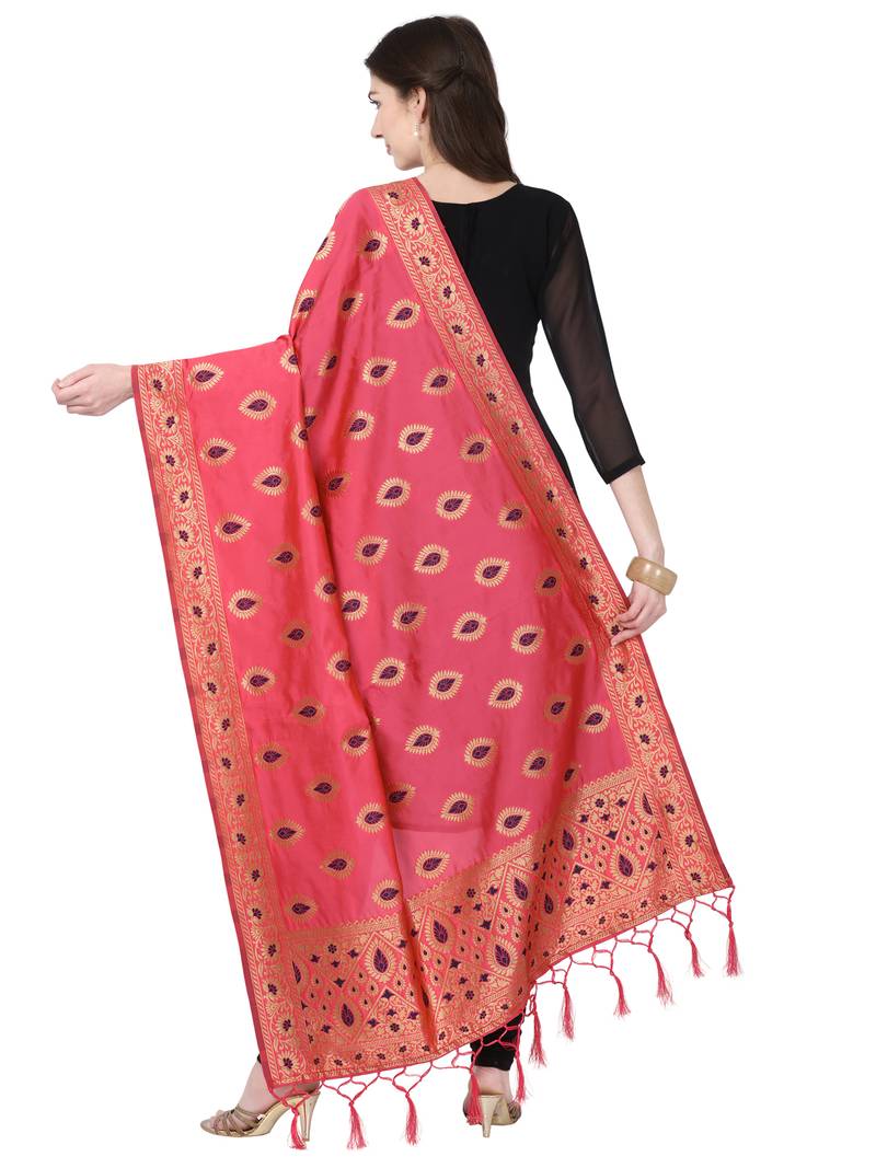 Peach Poly Silk Banarasi Womens Dupatta
