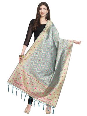 Blue Poly Silk Banarasi Womens Dupatta 1
