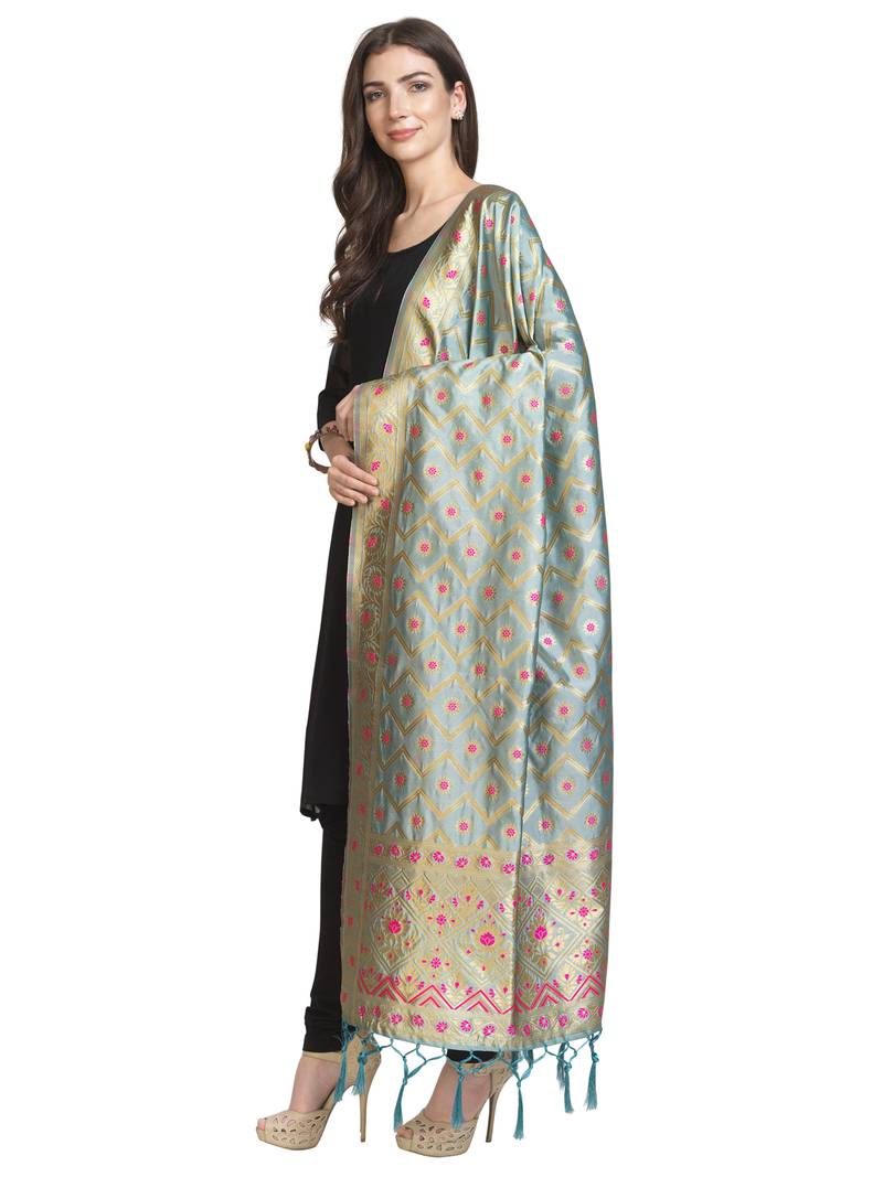 Blue Poly Silk Banarasi Womens Dupatta