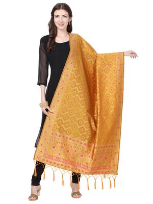 Yellow Poly Silk Banarasi Womens Dupatta 1