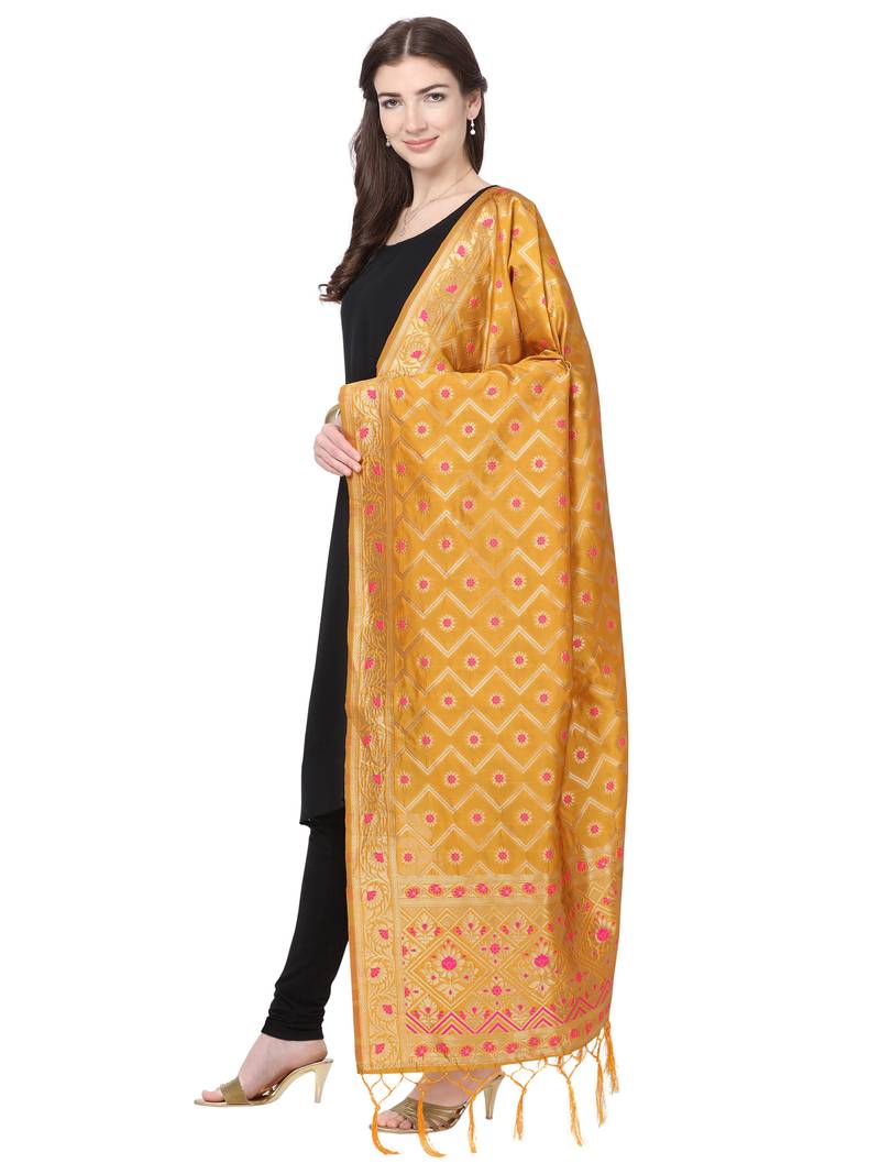 Yellow Poly Silk Banarasi Womens Dupatta