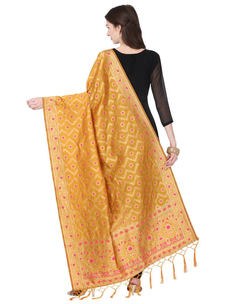 Yellow Poly Silk Banarasi Womens Dupatta