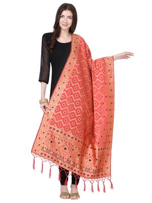 Peach Poly Silk Banarasi Womens Dupatta 1