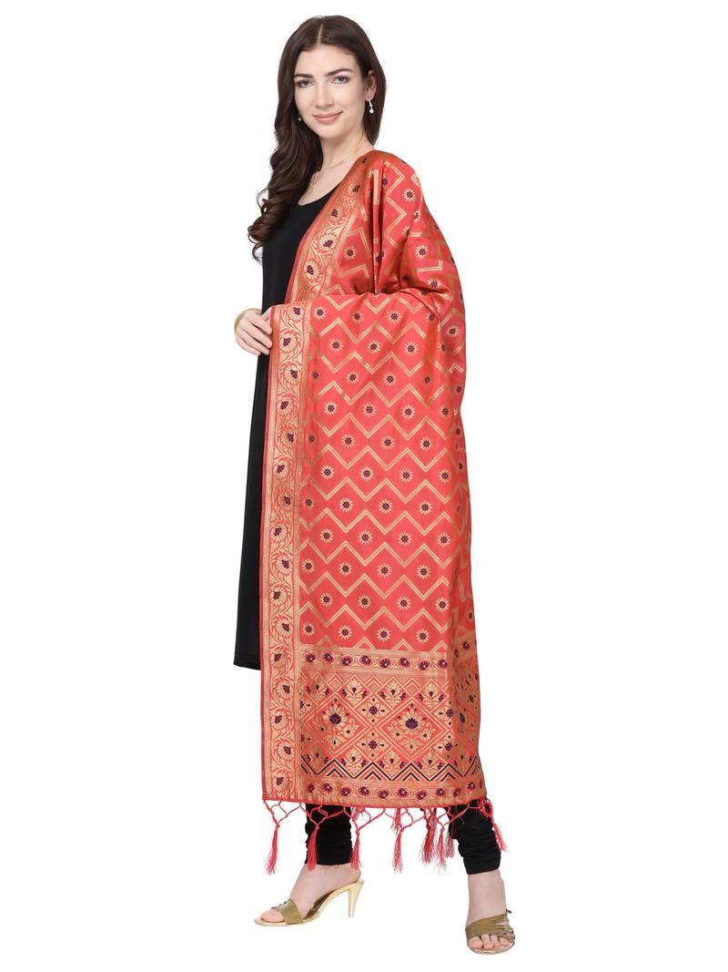 Peach Poly Silk Banarasi Womens Dupatta