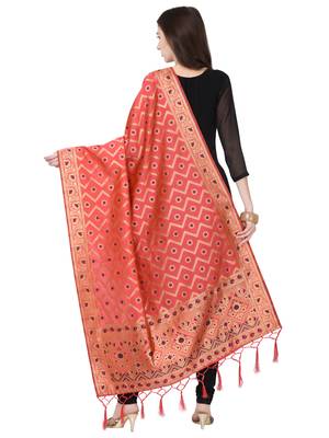 Peach Poly Silk Banarasi Womens Dupatta 3