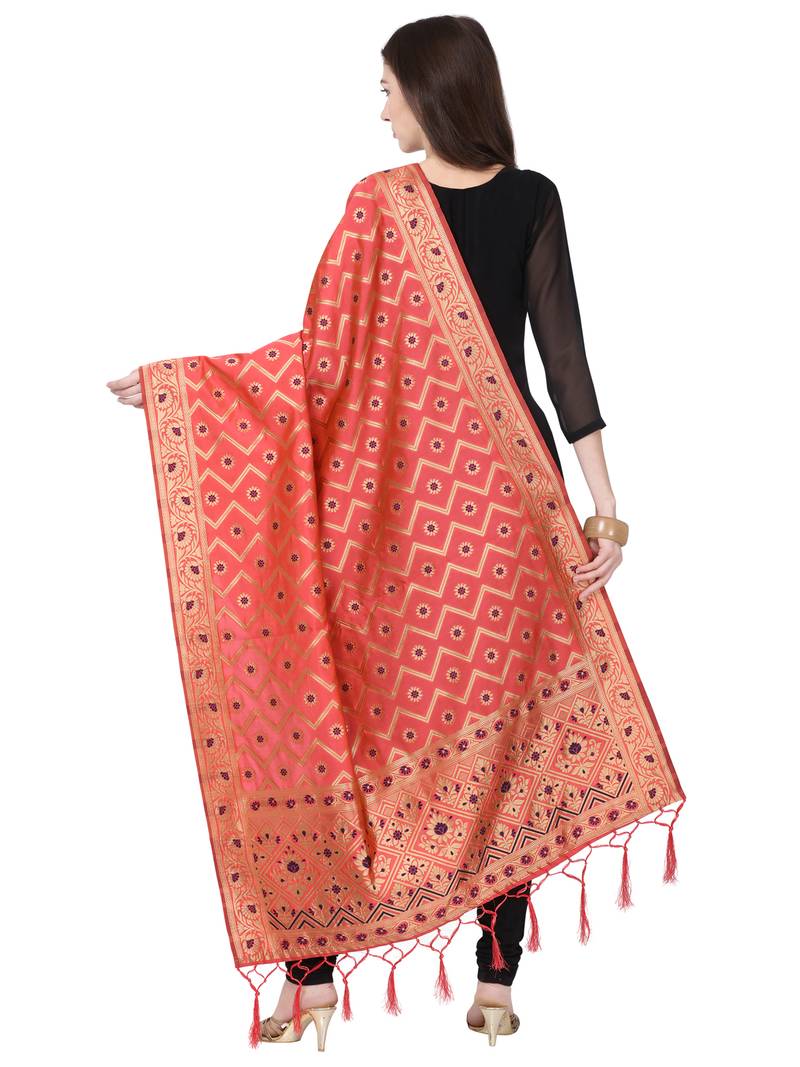Peach Poly Silk Banarasi Womens Dupatta
