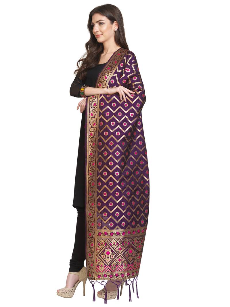 Purple Poly Silk Banarasi Womens Dupatta