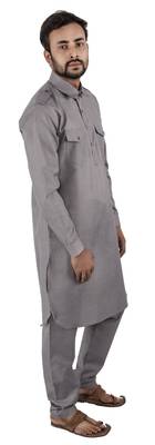 Grey plain cotton poly pathani-suits 3
