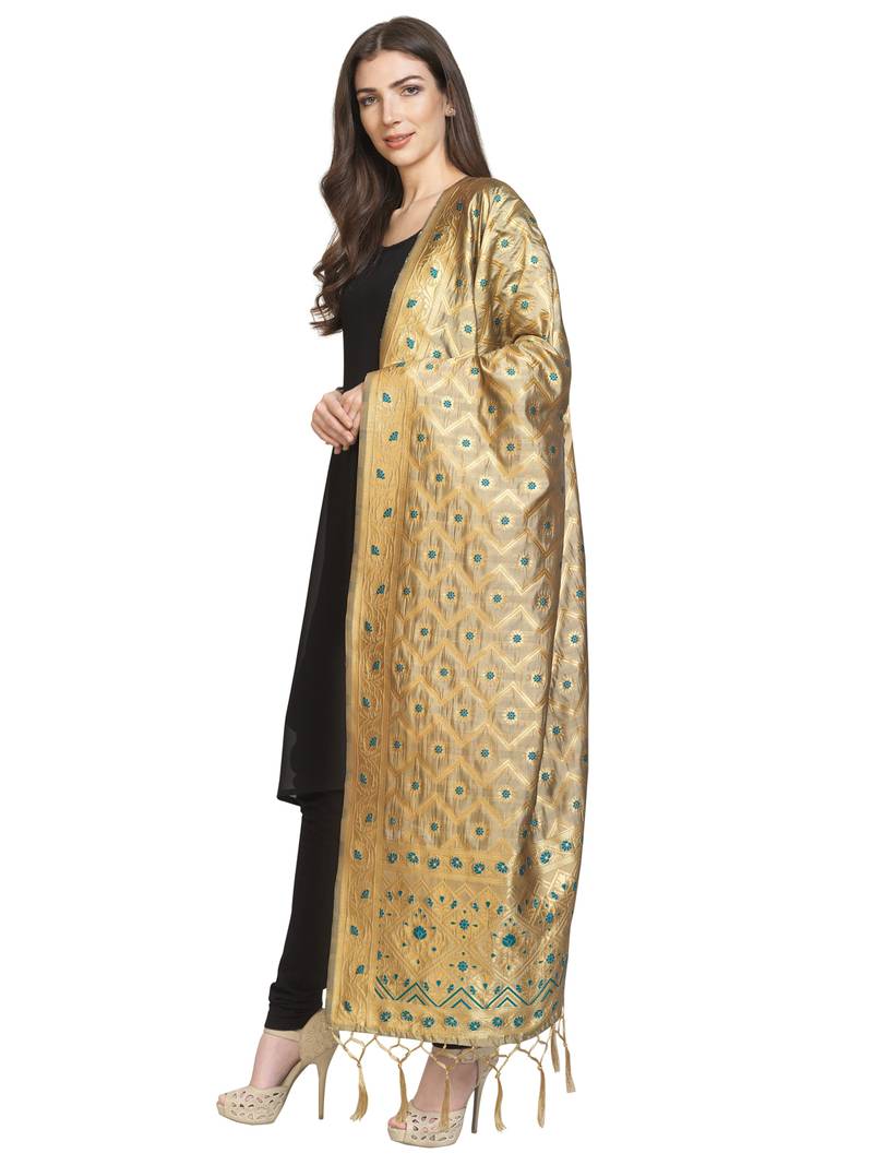Beige Poly Silk Banarasi Womens Dupatta
