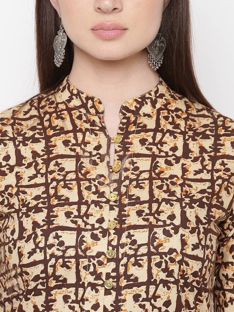 Beige printed cotton kurti