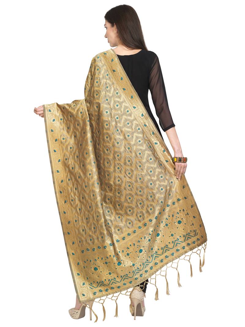 Beige Poly Silk Banarasi Womens Dupatta