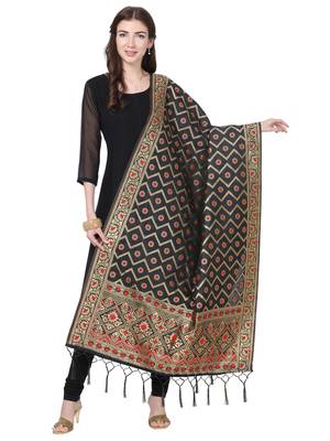 Black Poly Silk Banarasi Womens Dupatta 1