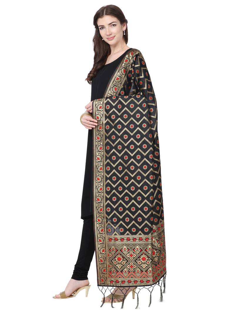 Black Poly Silk Banarasi Womens Dupatta