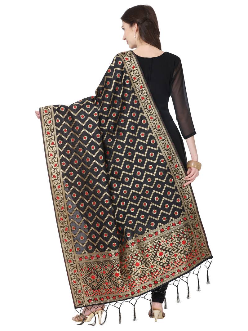 Black Poly Silk Banarasi Womens Dupatta