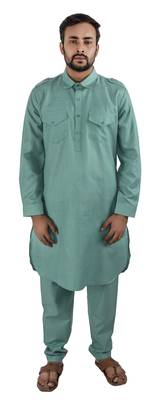 Green plain cotton poly pathani-suits 1